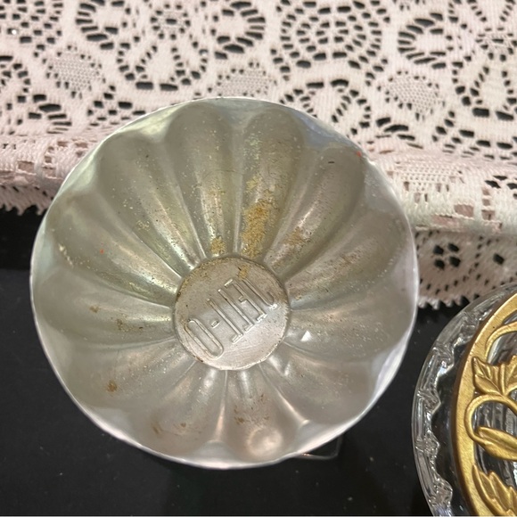 Vintage mismatched crystal taper candlestick holders brass topper & jello mold - Picture 7 of 15